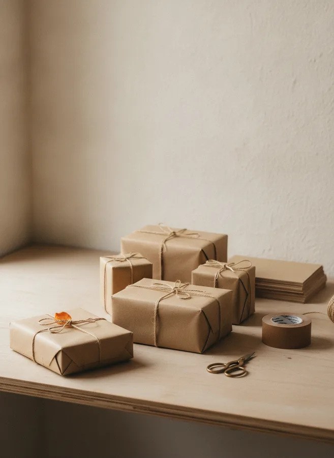 Kraft paper parcels tied with twine on a maker's packing bench