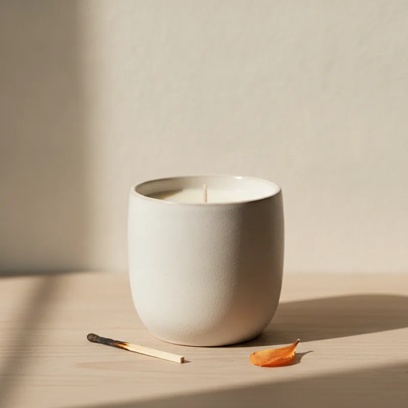 A poured soy candle in a ceramic vessel