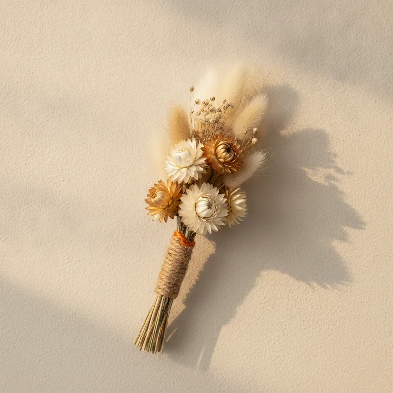 A bundle of dried flowers tied with twine