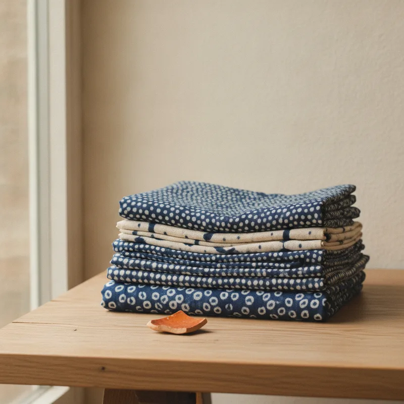 Indigo-dyed handwoven cloth folded in a stack