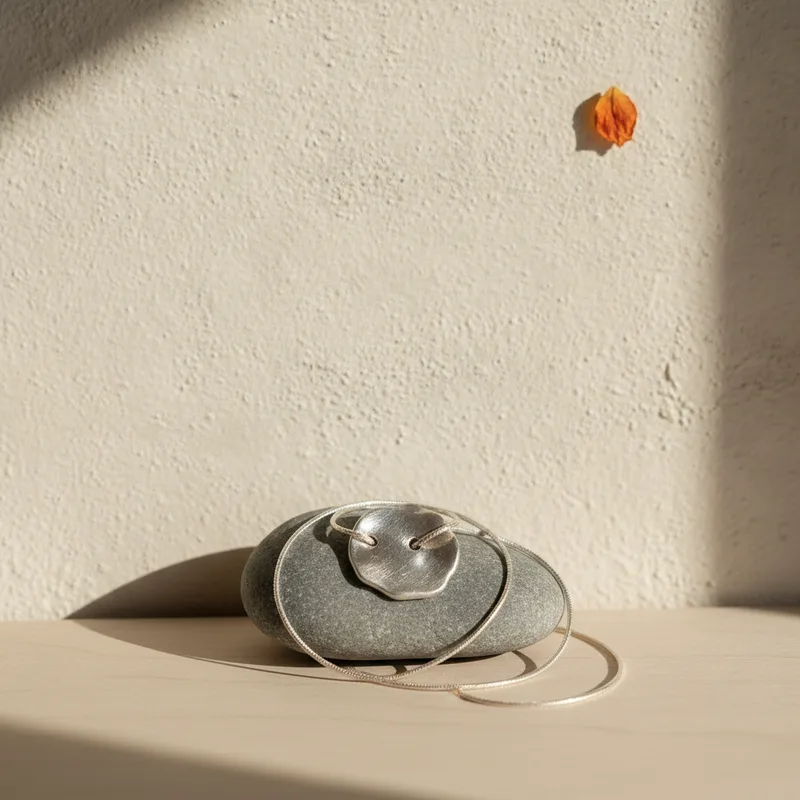 A hand-formed silver pendant on a fine chain